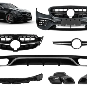 Un pachet de design tip E63 potrivit pentru Mercedes E-Class W213 2016-2019 cu ieșiri de evacuare negre și garnitură cromată, pentru modelul cu bara de protecție standard spate. Cumpără online