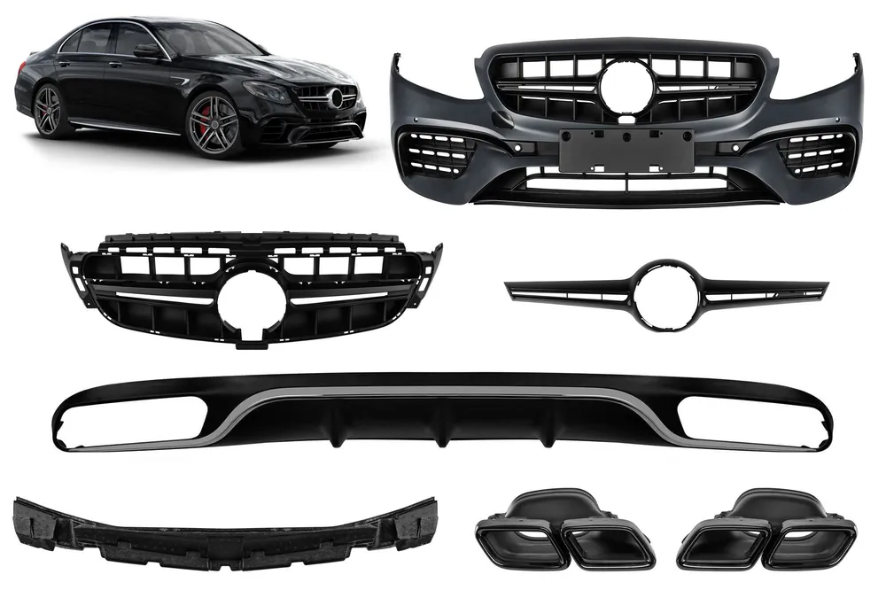 Un pachet de design tip E63 potrivit pentru Mercedes E-Class W213 2016-2019 cu ieșiri de evacuare negre și garnitură cromată, pentru modelul cu bara de protecție standard spate. Cumpără online