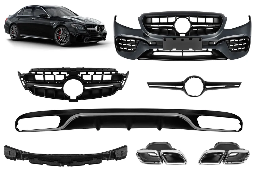 Ofertă limitată Un pachet de design tip E63 potrivit pentru Mercedes E-Class W213 2016-2019 cu capete cromate și garnitură cromată, pentru modelul cu bara de protecție din spate standard.