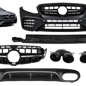 Un pachet de design tip E53 potrivit pentru Mercedes E-Class C238 coupe, A238 cabrio 2017-2019 cu țevi de eșapament negre și garnitură cromată, pentru modelul cu bara sport A Design spate. Cel mai vândut