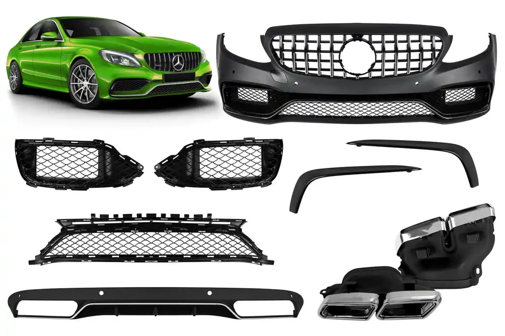 Un pachet de design tip C63 potrivit pentru Mercedes C-Class W205 sedan, S205 break 2013-2019 pentru modelul cu bara de protecție spate standard Expediere rapidă