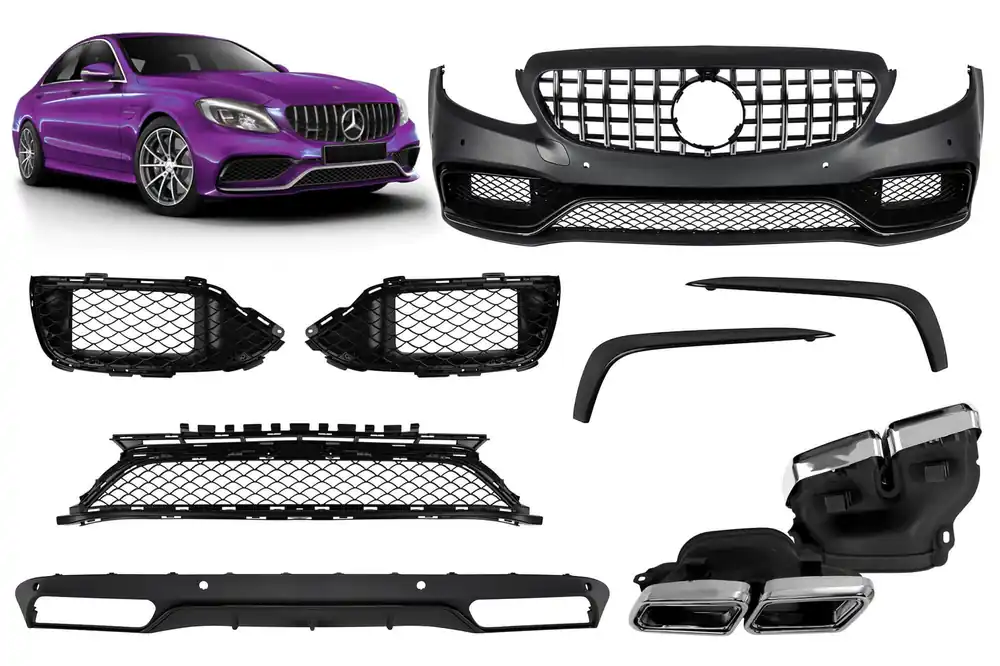 Cumpărături sigure Un pachet de design tip C63 potrivit pentru Mercedes C-Class W205 sedan, S205 break 2013-2019 pentru modelul cu bara de protecție spate standard