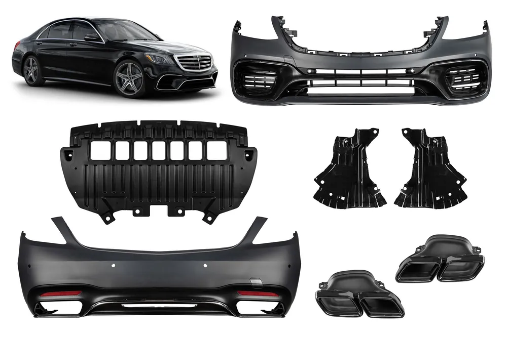 Pachet de tuning tip 63 potrivit pentru Mercedes S-Class W222 2017-2020 cu țevi negre, fără praguri laterale Cumpărături sigure