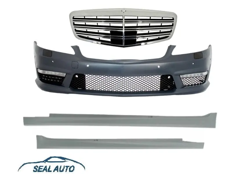 Bara Fata Completa cu Grila Centrala compatibil cu Mercedes W221 S-Class S63 S65 AMG-Look 05-10 si Praguri Laterale Scurte Cel mai vândut