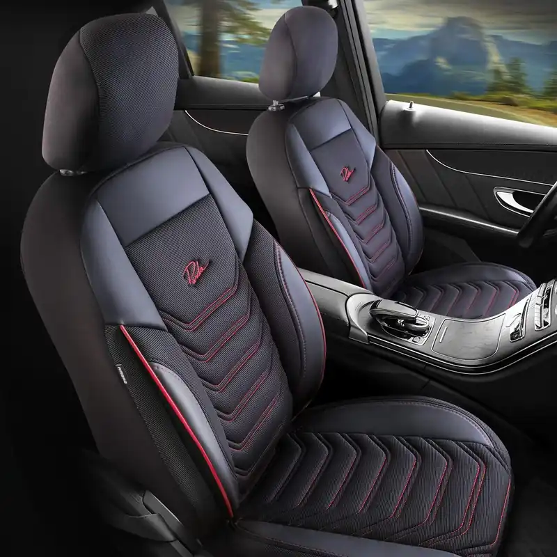 Bestseller Set Huse Scaune Auto Panda Florida, cu fermoare pentru bancheta rabatabila, negru cu cusatura rosie, 11 piese