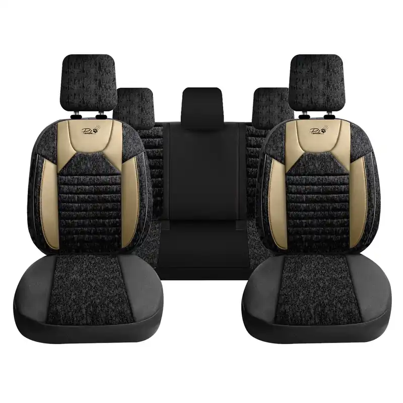 Set Huse Scaune Auto Panda Kas, material textil cu piele ecologica, cu fermoare pentru bancheta rabatabila, negru cu bej, 11 piese Ofertă limitată