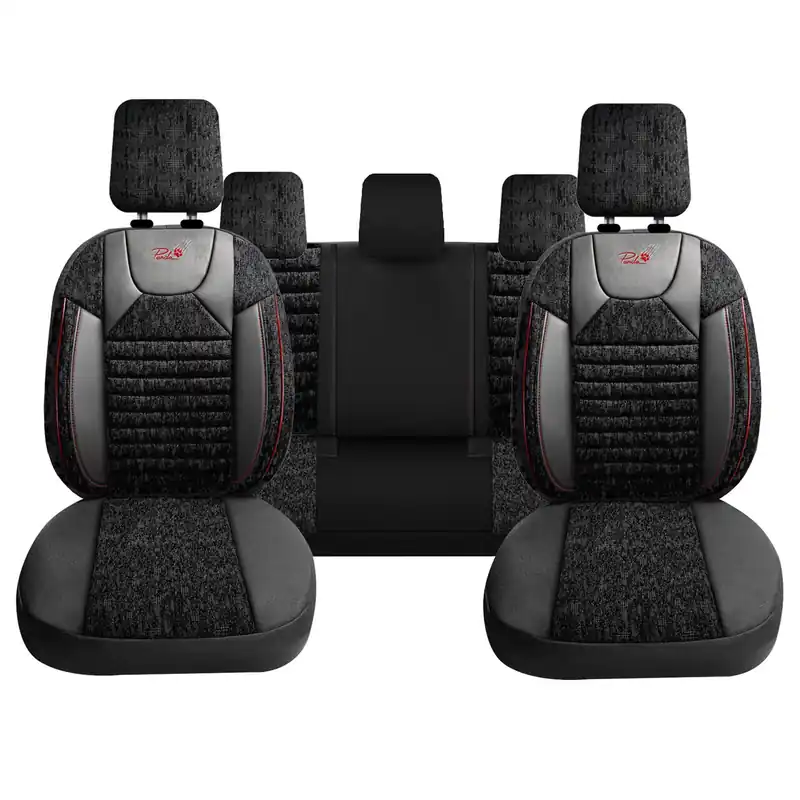 Bestseller Set Huse Scaune Auto Panda Kas, material textil cu piele ecologica, cu fermoare pentru bancheta rabatabila, negru cu dungi rosii, 11 piese