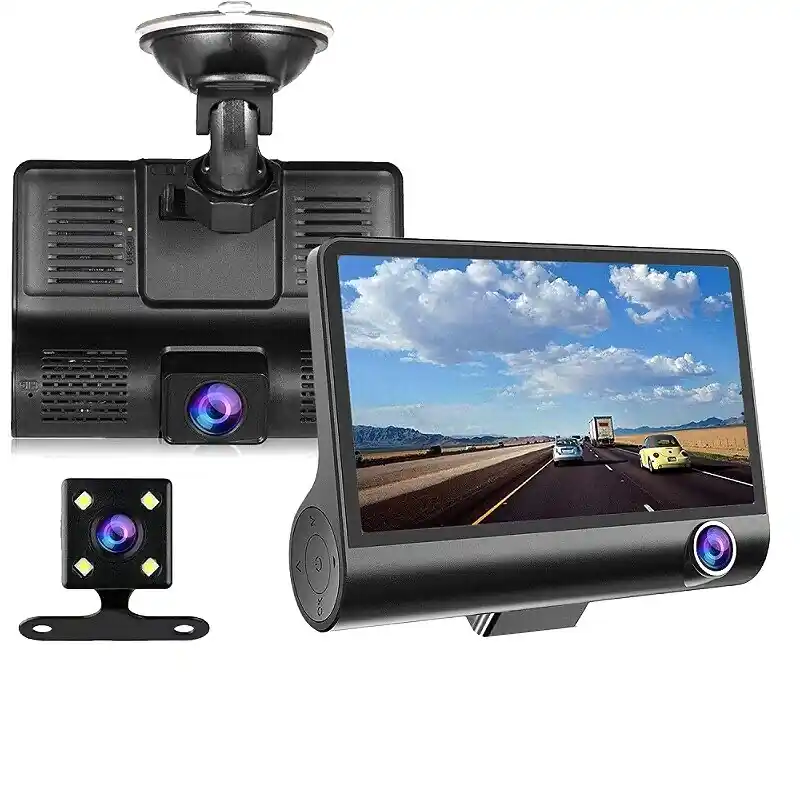 Camera auto DVR tripla, FullHD 1080P, inregistrare fata, interior si spate, display 4",  Night Vision, inregistrare in bucla, unghi 170 grade, senzor miscare, alimentare bricheta auto Livrare rapidă