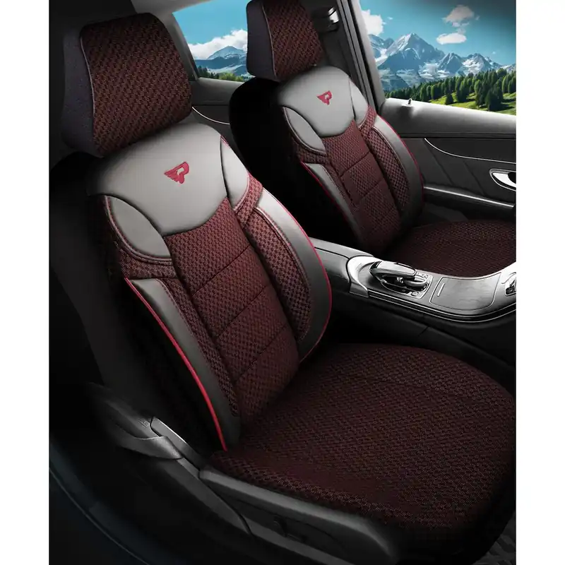 Ieftin Set Huse Scaune Auto Panda Dragon, cu fermoare pentru bancheta rabatabila, grena-negru, 11 Piese