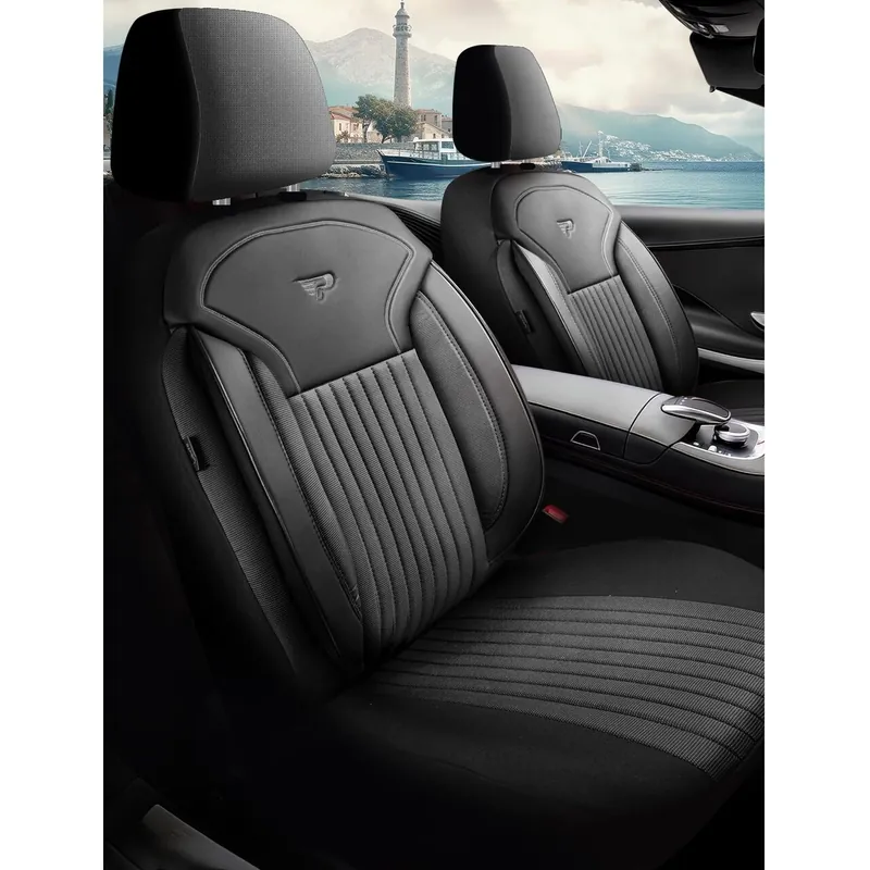 Reducere Set Huse Scaune Auto Panda Praga, cu fermoare pentru bancheta rabatabila, negru gri, 11 piese