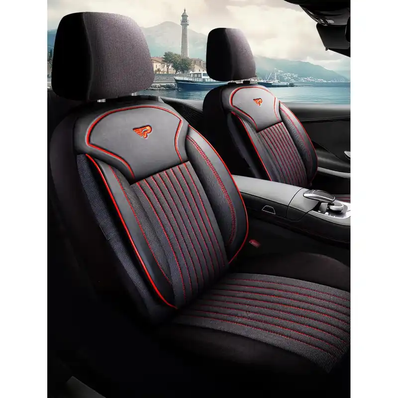 Livrare gratuită Set Huse Scaune Auto Panda Praga, cu fermoare pentru bancheta rabatabila, negru rosu, 11 piese