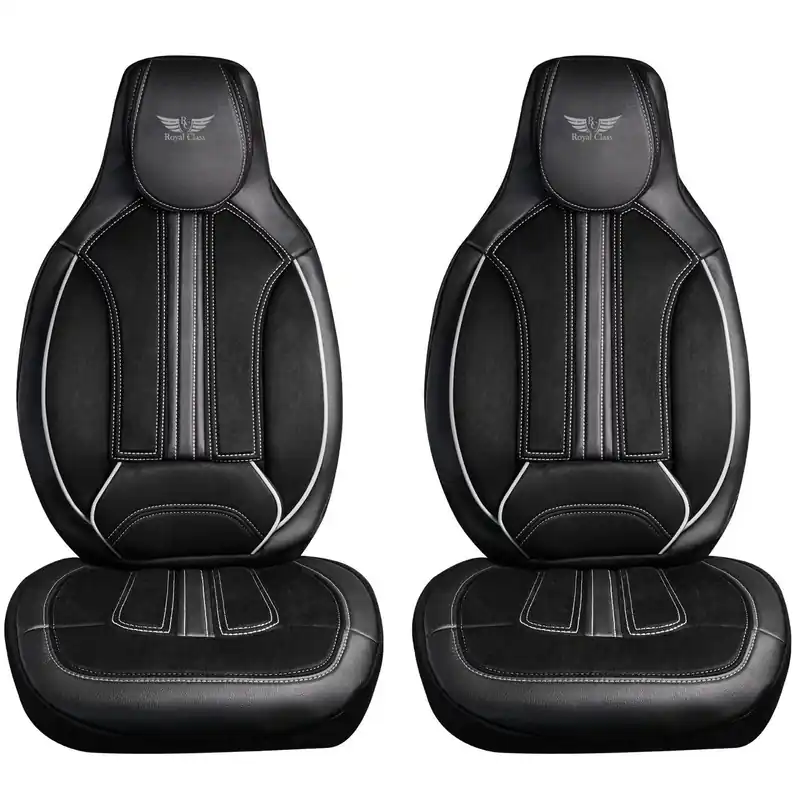 Ieftin Set 2 Huse Scaune Fata Auto, Ergonomice, Panda, compatibile cu tetiere incorporate- monobloc, tip alcantara si piele ecologica, negru cu cusatura gri