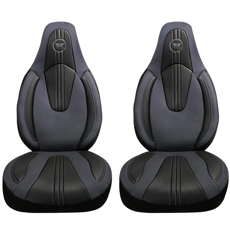 Reduceri Set 2 Huse Scaune Fata Auto, Panda, compatibile cu tetiere incorporate-monobloc, material textil si piele ecologica, gri petrol-negru