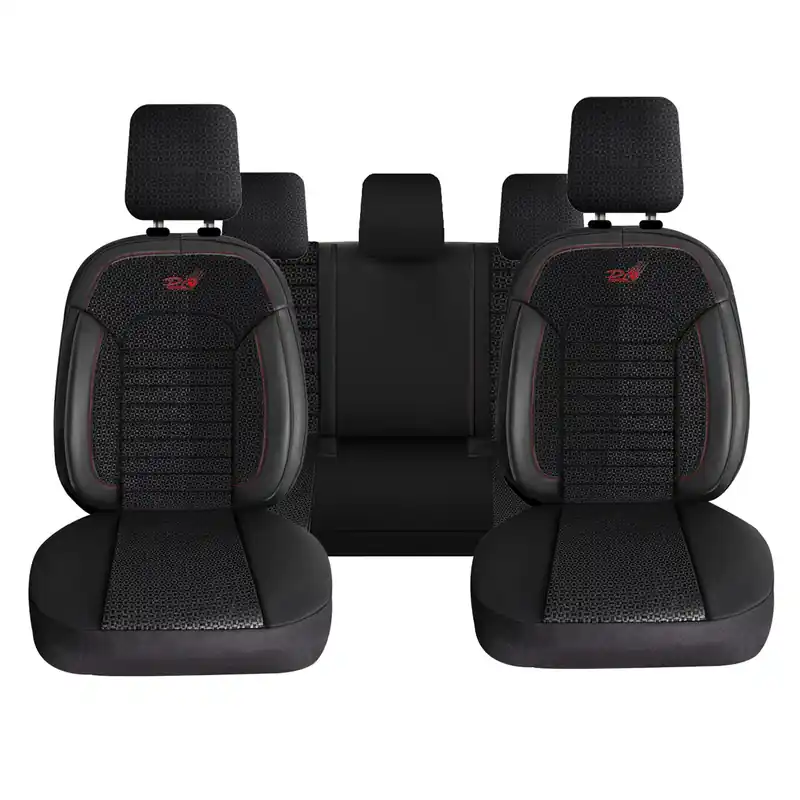 Set Huse Scaune Auto Panda Belek, material textil cu piele ecologica, cu fermoare pentru bancheta rabatabila, negru cu insertii rosii, 11 piese Ofertă specială