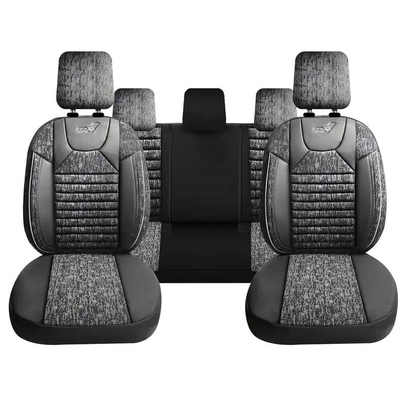 Bestseller Set Huse Scaune Auto pentru Alfa Romeo 145 - Panda Kas, material textil cu piele ecologica, cu fermoare pentru bancheta rabatabila, gri cu negru, 11 piese