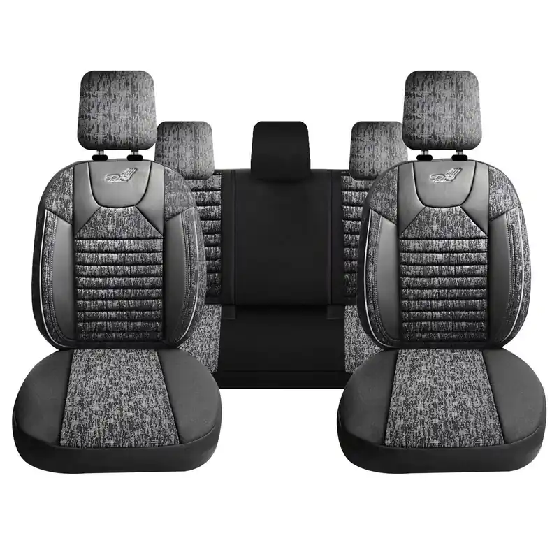 Ofertă exclusivă Set Huse Scaune Auto pentru BMW X6 - Panda Kas, material textil cu piele ecologica, cu fermoare pentru bancheta rabatabila, gri cu negru, 11 piese