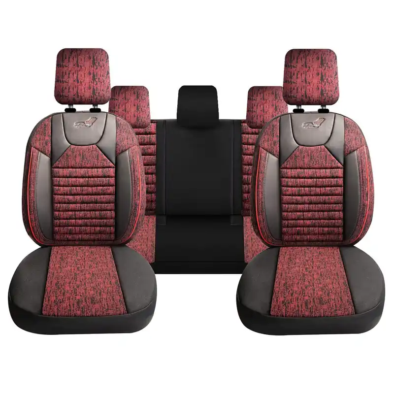 Bestseller Set Huse Scaune Auto pentru Citroen DS4 - Panda PSC02, material textil cu piele ecologica, cu fermoare pentru bancheta rabatabila, visiniu cu negru, 11 piese