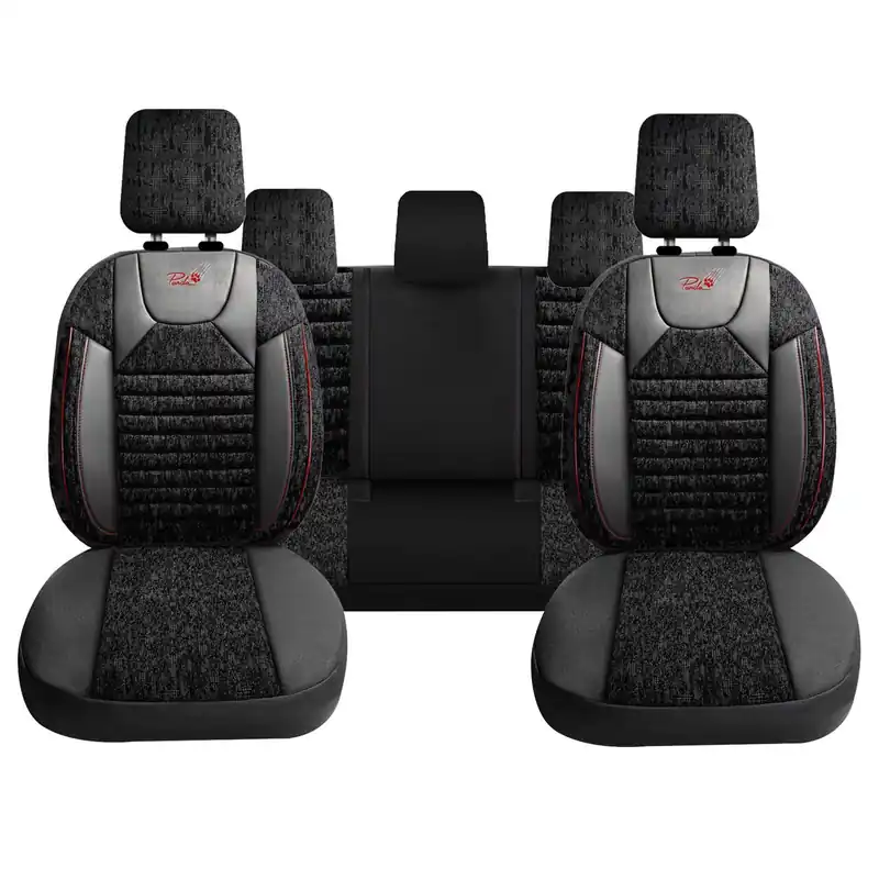 Cumpărături sigure Set Huse Scaune Auto pentru Hyundai Kona - Panda PSC02, material textil cu piele ecologica, cu fermoare pentru bancheta rabatabila, negru cu dungi rosii, 11 piese